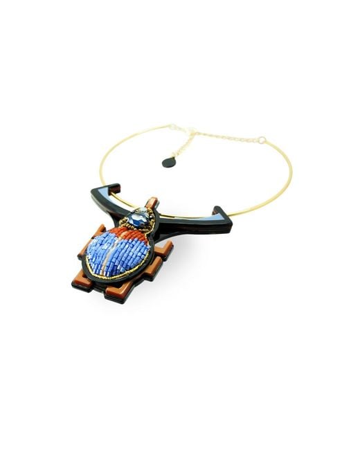 Gissa Bicalho Blue Handmade Acrylic Necklace Scarab Embroidered Topaz