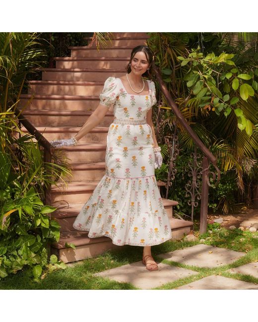 Echo of Pink White Juliet Hand Block Print Maxi Dress