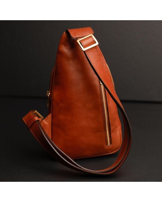 Time Resistance Brown Cognac Leather Sling Bag for men
