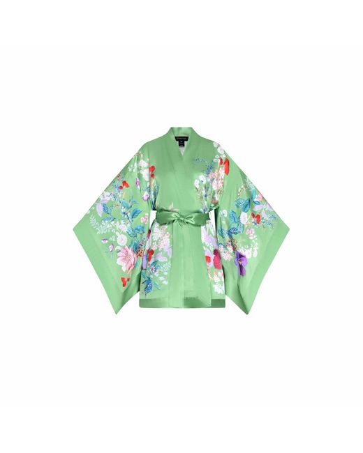 Meng Green Paris Watercolour Flowers Silk Satin Short Kimono