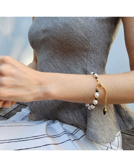 Farra Black Freshwater Pearls With Obsidian Adjustable Bracelet