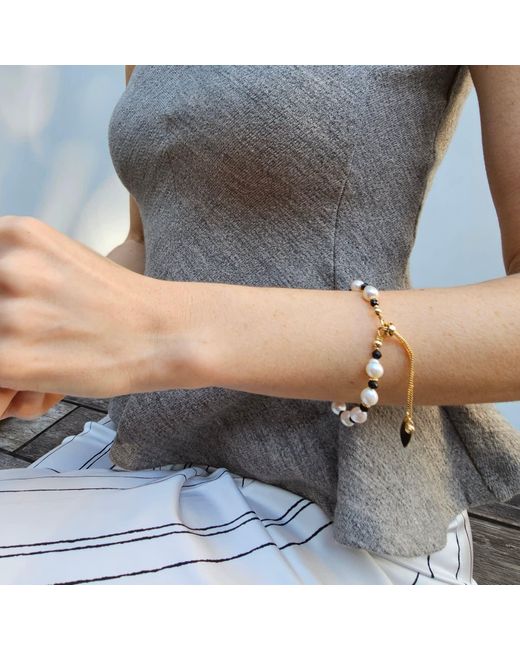 Farra Black Freshwater Pearls With Obsidian Adjustable Bracelet