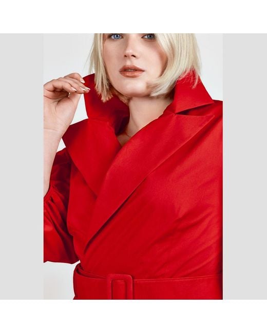 Femponiq Red Wide Lapel Asymmetric Belted Midi Cotton Dress