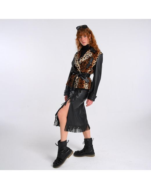 Lalipop Design Black Vegan Leather Midi Fringe Skirt