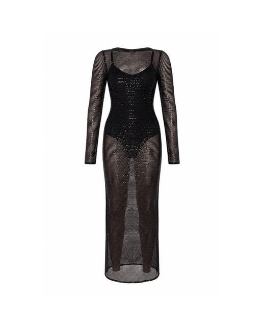 AMAANALUX Black Sequin Sheer Long Sleeve Maxi Dress