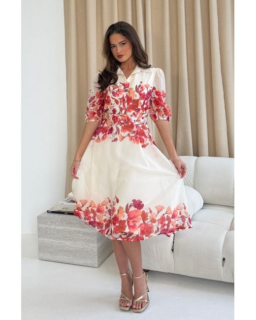 Girl In Mind Red Holland Cream And Floral Collar Midi Dress