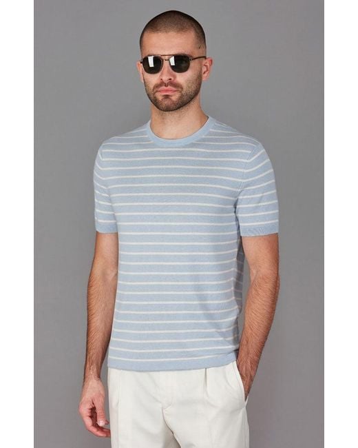 Paul James Knitwear Blue Mens Ultra-fine Cotton Javier Knitted Pin Stripe T-shirt for men