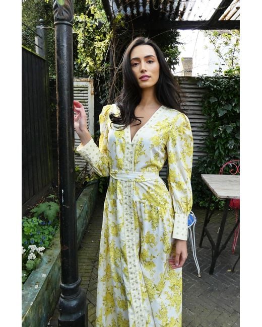 Raishma Aaliyah Button Through Long Sleeve Midi Dress in Yellow Lyst UK