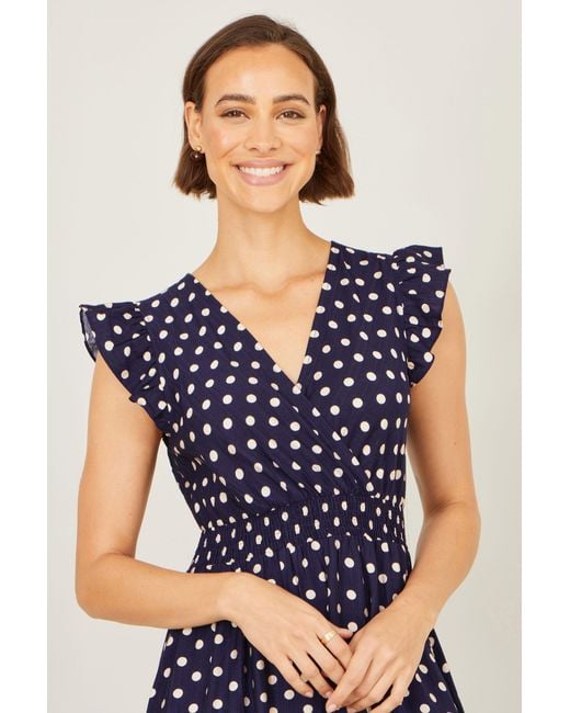Yumi' Blue Spot Ruched Waist Midi Dress