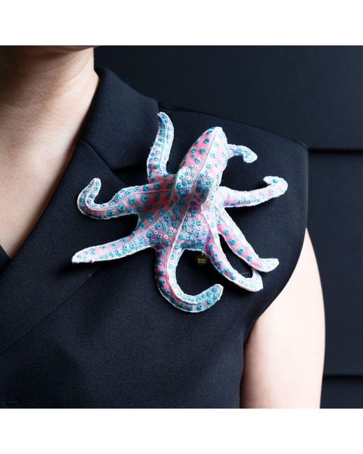 Nana Watanabe Blue Flora Octopus – Sculptural Embroidered Brooch