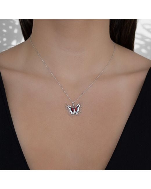 Ebru Jewelry Metallic Sterling Silver Peace Red Butterfly Necklace