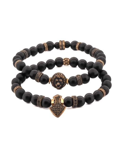 Ebru Jewelry Black Powerful Lion & Diamond Arrow Onyx Bracelet Set for men