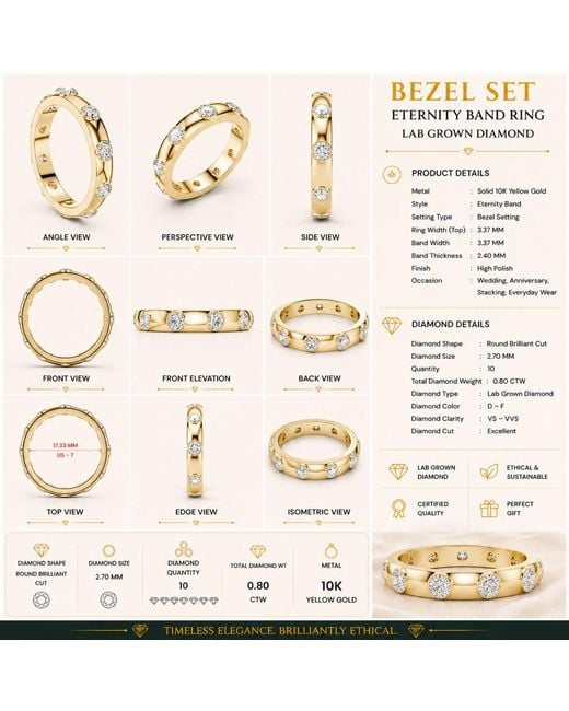 Aya Fine Jewelry Metallic Round Lab Grown Diamond Eternity Wedding Band Ring, Bezel Set Stackable Anniversary Ring