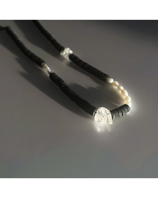 WAIWAI Black Leather Necklace With Pearls And Clear Quartz Crystals