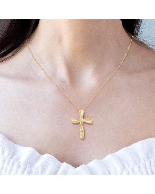 Kylie Harper Metallic Baguette Twist Diamond Cz Cross Pendant Necklace