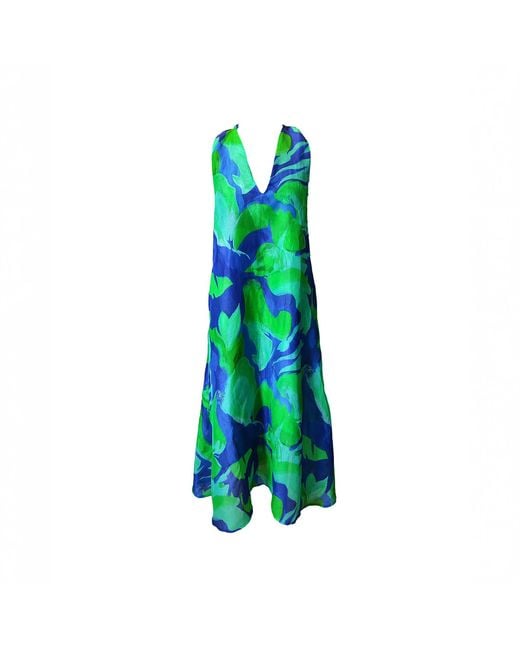 Haris Cotton Green Printed Linen Blend Dress With Cross Back Detail Lagoon