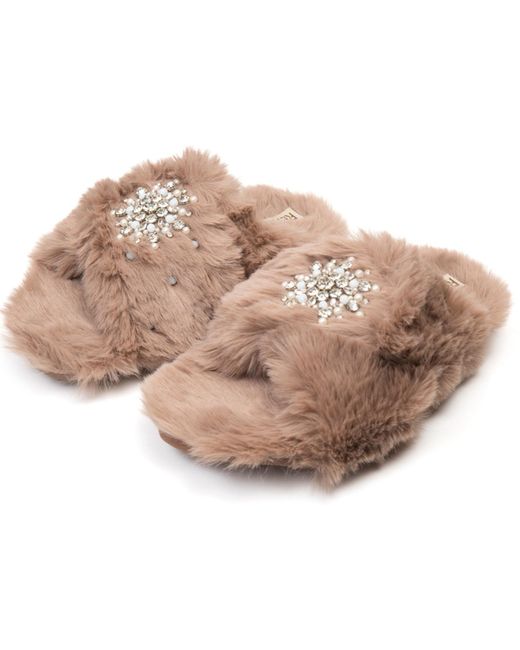 Rettrose Natural Neutrals Alice Mink Luxury Plush Diamanté Embellished Handmade Slipper