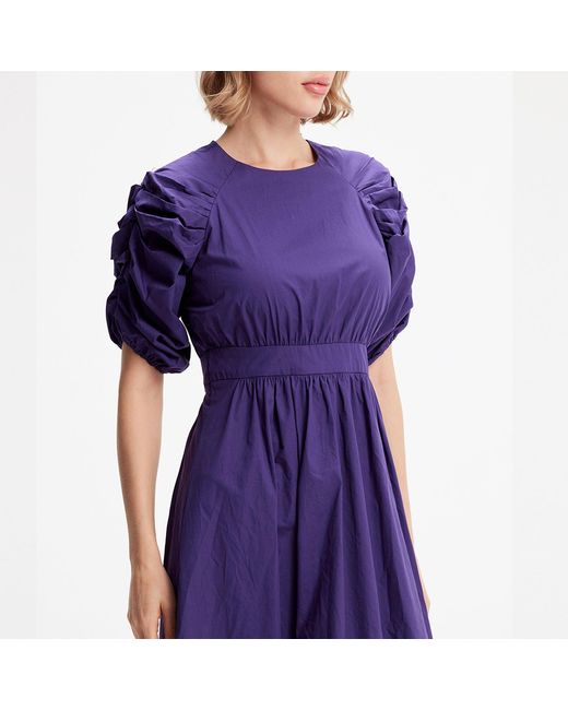 Smart and Joy Purple Trapeze Dress With Puffed Sleeves