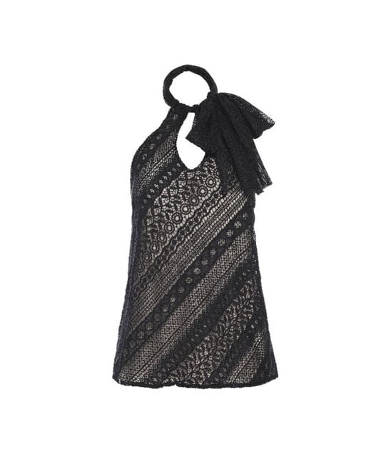 LAHIVE Black Indie Polka Dot Mesh Tie Halter Top