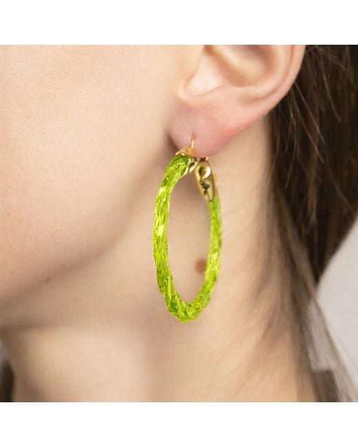 Gold & Honey Green Peridot Swirl Twist Lucite Birthstone Hoop Earrings