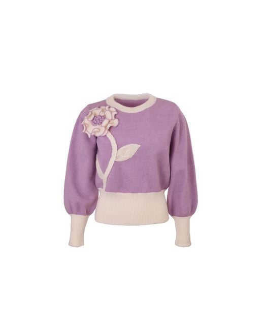 Saachi Purple Ruffled Bloom Pullover Sweater