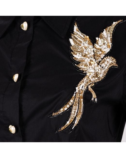 House of Laines London Black Laines Couture Tie Shirt With Embellished Bird Of Paradise