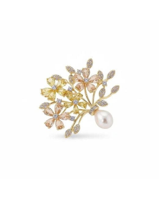 Angel Barocco Metallic Vintage Floral Zircon & Pearl Brooch