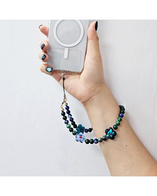 Farra Blue Phoenix Lapis Gemstone With Flowers Phone Semiprecious Stone Strap