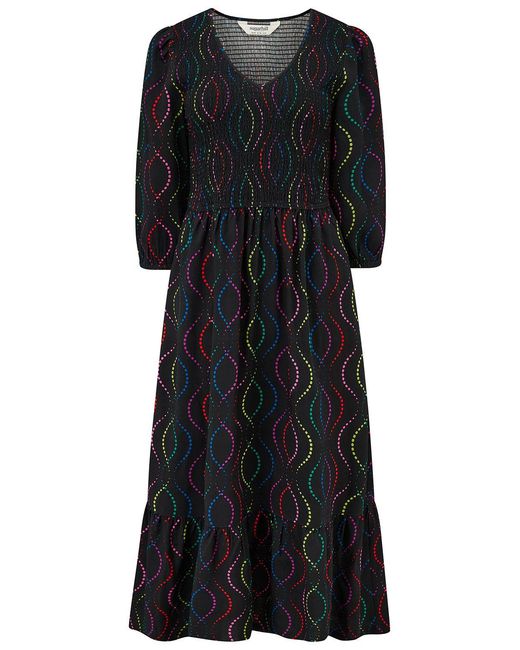 Sugarhill Black Magdalene Shirred Midi Dress, Dotted Waves