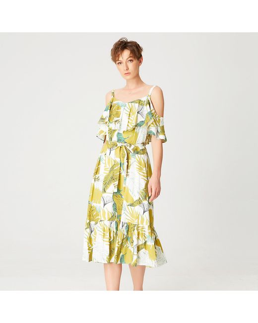 Smart and Joy Yellow Tropical Printed Trapeze Dress With Ruffles And Thin Straps