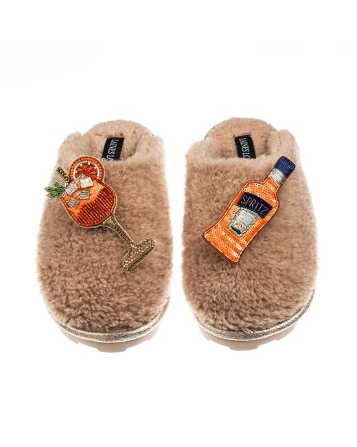 Laines London Brown Teddy Closed Toe Slippers With Summer Spritzer Brooches