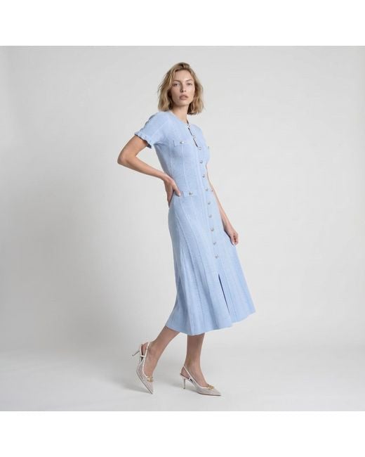 Modenaire Blue Knit Midi Dress Sculpted Button Front