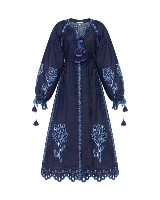 Annabo Blue Midnight Rose Embroidered Cotton Maxi Dress