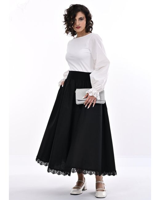 Frock Tales Black Manhattan Midaxi Skirt With Lace Hem