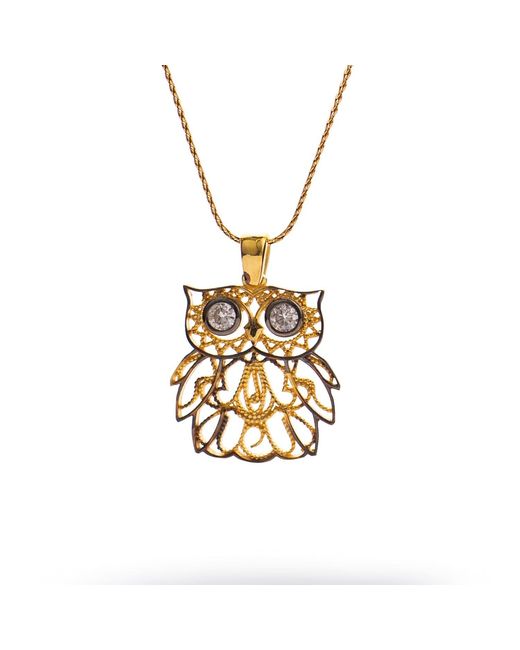 Ebru Jewelry Metallic Wisdom Owl Diamond Eyes Necklace