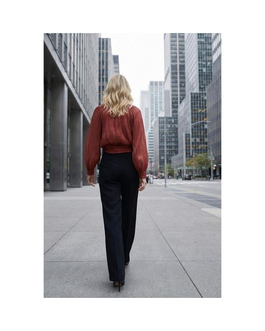 Modenaire Brown Gathered Tie-Neck Blouse With Blouson Silhouette And Waist Tie
