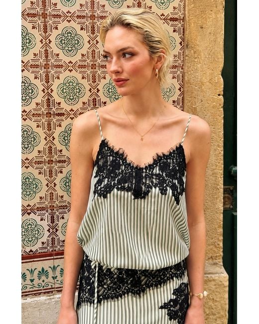 Amy Lynn Black Sienna Stripe Satin Lace Top
