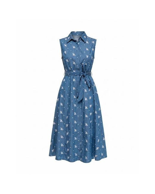 Tantra Spain Sl Blue Embroidered Tencel Shirt-Style Midi Dress With A Flared Skirt And Belt Denim