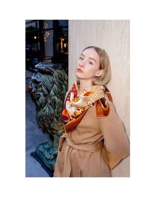 Jessie Zhao New York Metallic Neutrals Double Sided Wool Silk Scarf Of Leopards With Floral Fountain