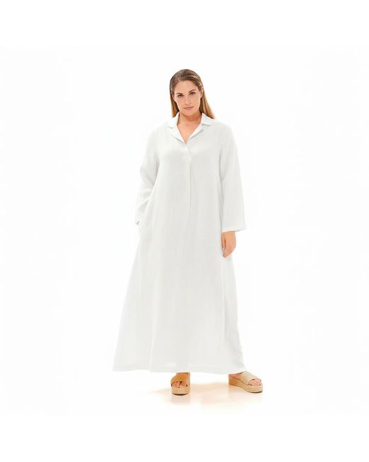 Haris Cotton White Maxi Curve Linen Dress With Front Pleat And Lapels