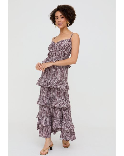 Raffya Brown Tangiers Tiered Line Print Maxi Dress