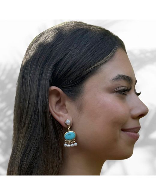 Ebru Jewelry Blue Cleopatra Pearl & Turquoise Stone Tassel Earrings