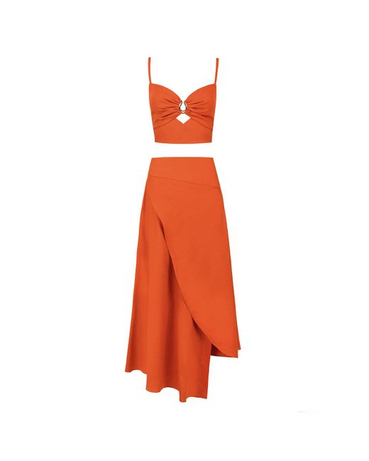 ALINA CERNĂTESCU Orange Flare Bamboo Linen Cutout Statement Top & Asymmetric Holiday Resort Midi Skirt