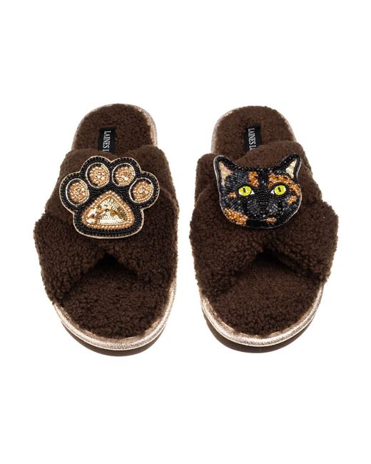 Laines London Brown Neutrals Laines Neutral Boucle Slippers With Tortoise Shell Cat & Paw Brooches
