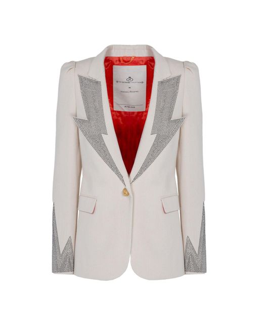 The Extreme Collection White Fitted Single Breasted Puff Sleeves Ecru Cotton Blazer With Strass Hikaru Ecru