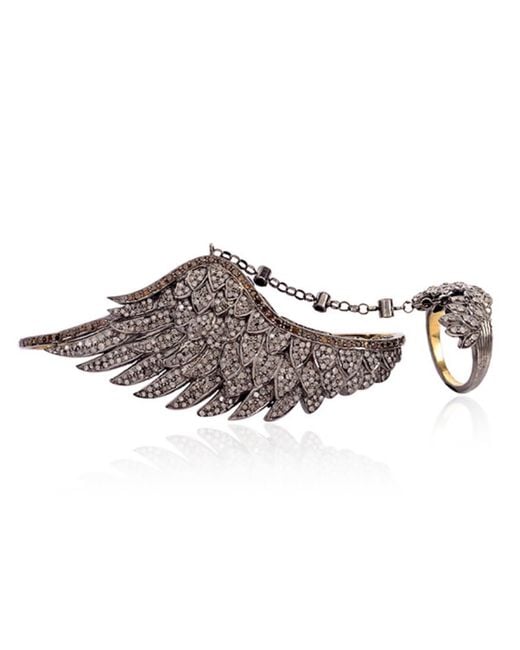 Artisan Brown Wing Connector Ring & Palm Bracelet With Pave Diamond In 18k Gold And 925 Silver