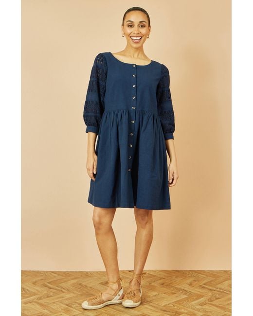 Yumi' Blue Cotton Tunic With Broderie Anglaise Puff Sleeves
