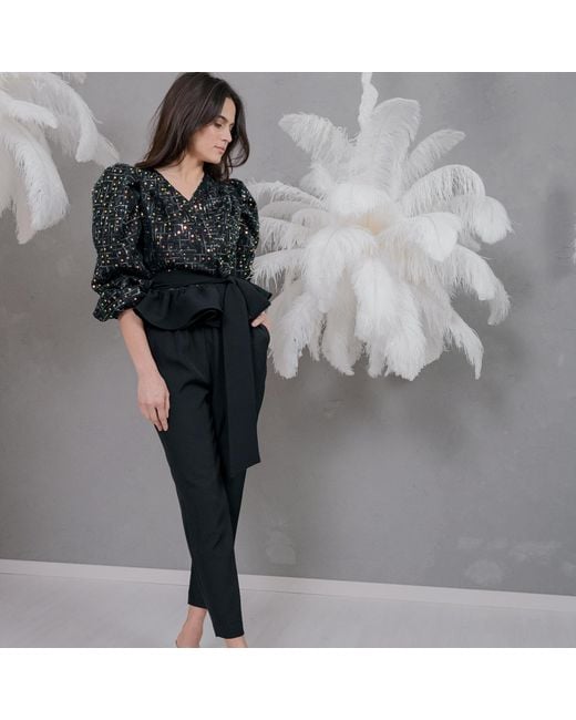 concept A trois Black Sequin Top With Puff Sleeves