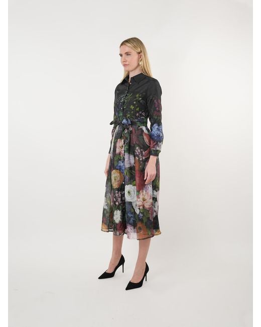 John Abgin Black Taffeta Floral Placement Print Shirt Dress