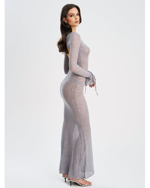 Miss Circle New York Gray Waylynn Animal Print Burnout Velvet Detail Mesh Backless Maxi Dress